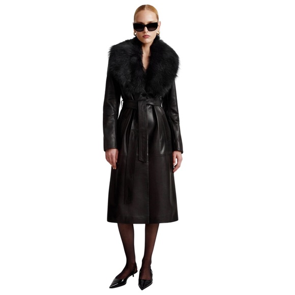 Black Dakota Belted Leather Coat Trench Removable Fur Collar Jacket - Picture 2 of 8